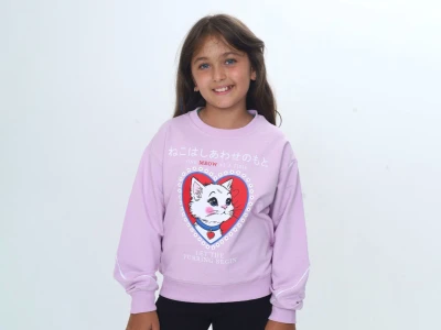 Toptan VIZVIZ Kedi Baskılı Kız Sweat  Lilac - Beniz Bebe