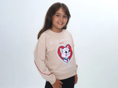 Toptan VIZVIZ Kedi Baskılı Kız Sweat  Beige - Beniz Bebe