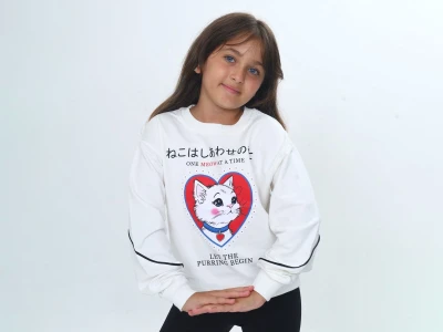 Toptan VIZVIZ Kedi Baskılı Kız Sweat  White - Beniz Bebe