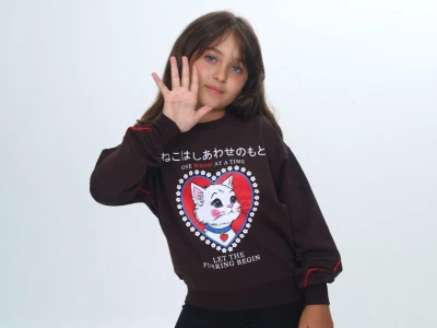 Toptan VIZVIZ Kedi Baskılı Kız Sweat  Brown - Beniz Bebe