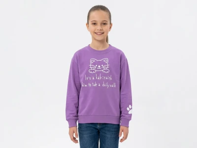 Toptan İ-CAN Kedi Baskılı Kız Sweat - Toptan Çocuk Giyim Beniz Kids