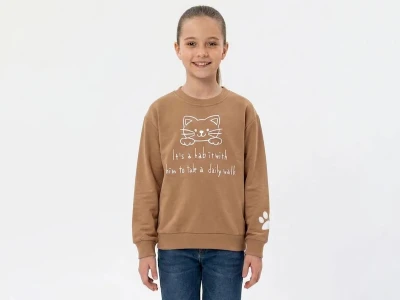Toptan İ-CAN Kedi Baskılı Kız Sweat Brown - Beniz Bebe