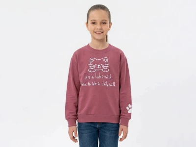 Toptan İ-CAN Kedi Baskılı Kız Sweat Rose - Beniz Bebe