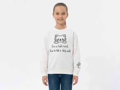 Toptan İ-CAN Kedi Baskılı Kız Sweat White - Beniz Bebe