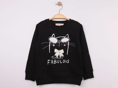 Toptan STAR FİLE Kedi Baskılı Taş Detaylı Kız Sweat  - Toptan Çocuk Giyim Beniz Kids