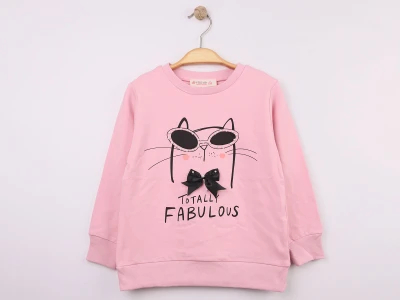 Toptan STAR FİLE Kedi Baskılı Taş Detaylı Kız Sweat  PEMBE - Beniz Bebe