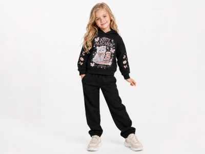 Toptan LADY GOLD Kedi Baskılı Taş Detaylı Kız Takım  - Toptan Çocuk Giyim Beniz Kids