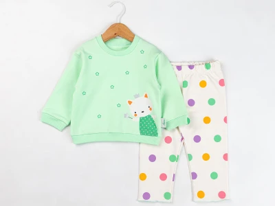 Toptan COMİX Kedi Baskılı Yıldız Desenli Kız Bebe Takım  - Toptan Çocuk Giyim Beniz Kids