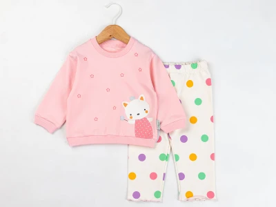 Toptan COMİX Kedi Baskılı Yıldız Desenli Kız Bebe Takım  PEMBE - Beniz Bebe