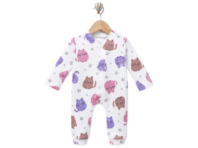 Toptan SÜPERMİNİ  Kedi Desenli Erkek Bebek Tulum  Lilac - Beniz Bebe