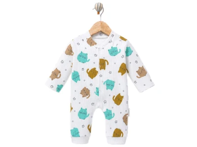 Toptan SÜPERMİNİ  Kedi Desenli Erkek Bebek Tulum  Turquoise - Beniz Bebe