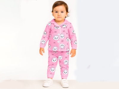 Kedi Desenli Yakalı Düğmeli Kız Pijama Takım