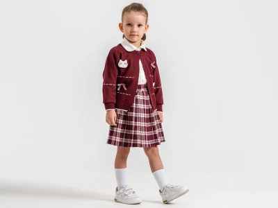 Toptan ECOLKIZ Kedi Detaylı Hırkalı Etekli Üçlü Kız Takım - Toptan Çocuk Giyim Beniz Kids