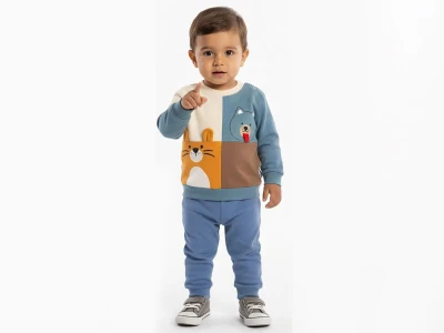 Toptan KARACON Kedi & Köpek Baskılı Erkek Bebe Takım  - Toptan Çocuk Giyim Beniz Kids