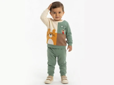 Toptan KARACON Kedi & Köpek Baskılı Erkek Bebe Takım  YEŞİL - Beniz Bebe