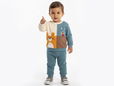 Toptan KARACON Kedi & Köpek Baskılı Erkek Bebe Takım  SUYEŞİLİ - Beniz Bebe