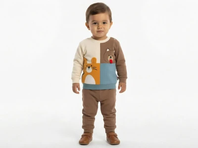 Toptan KARACON Kedi & Köpek Baskılı Erkek Bebe Takım  KAHVERENGİ - Beniz Bebe