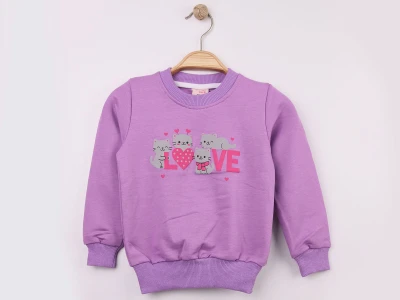 Toptan WENGE KİDS Kedi & Love Baskılı Kız Sweat  - Toptan Çocuk Giyim Beniz Kids