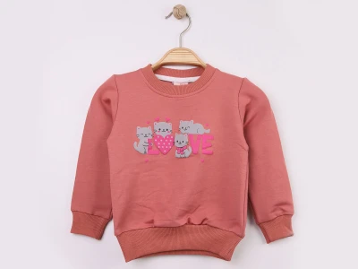 Toptan WENGE KİDS Kedi & Love Baskılı Kız Sweat  GÜLKURUSU - Beniz Bebe