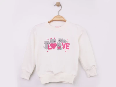 Toptan WENGE KİDS Kedi & Love Baskılı Kız Sweat  BEYAZ - Beniz Bebe