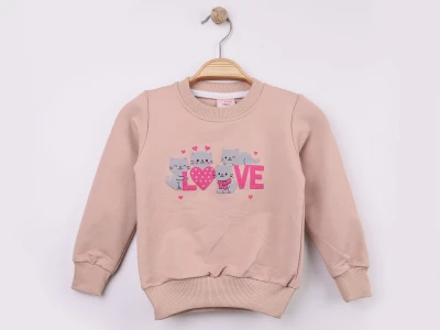 Toptan WENGE KİDS Kedi & Love Baskılı Kız Sweat  BEJ - Beniz Bebe