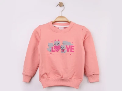 Toptan WENGE KİDS Kedi & Love Baskılı Kız Sweat  PEMBE - Beniz Bebe