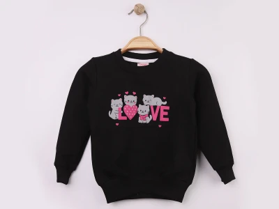 Toptan WENGE KİDS Kedi & Love Baskılı Kız Sweat  SİYAH - Beniz Bebe