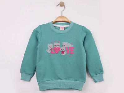 Toptan WENGE KİDS Kedi & Love Baskılı Kız Sweat  SUYEŞİLİ - Beniz Bebe