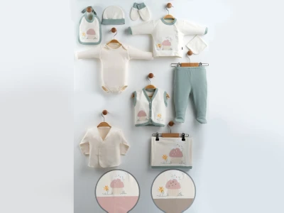 Toptan GAYE BEBE Kedi Nakışlı 10lu Erkek Bebe Hastane Çıkışı Set Rose - Beniz Bebe