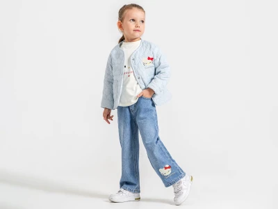 Toptan ECOLKIZ Kedi Nakışlı Ceketli Üçlü Kız Takım - Toptan Çocuk Giyim Beniz Kids