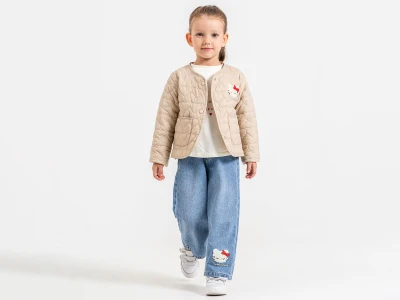 Toptan ECOLKIZ Kedi Nakışlı Ceketli Üçlü Kız Takım BEJ - Beniz Bebe