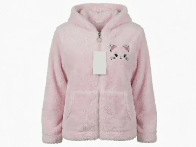 Toptan STAR POP Kedi Nakışlı Well Soft Peluş Kız Hırka PUDRA - Beniz Bebe