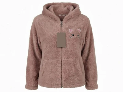 Toptan STAR POP Kedi Nakışlı Well Soft Peluş Kız Hırka KAHVERENGİ - Beniz Bebe