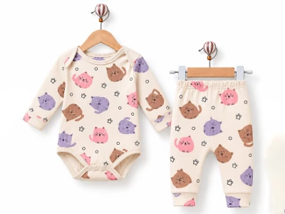 Toptan SÜPERMİNİ Kedili Badi Bebek Takım Pink - Beniz Bebe