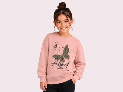 Toptan ROYA KİDS Kelebek Baskılı 3 İp Şardonlu Kız Sweat   AÇIKPEMBE - Beniz Bebe