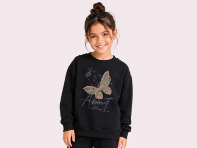 Toptan ROYA KİDS Kelebek Baskılı 3 İp Şardonlu Kız Sweat   SİYAH - Beniz Bebe