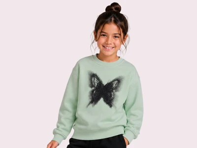 Toptan ROYA KİDS Kelebek Baskılı 3 İp Şardonlu Kız Sweat   FISTIKYEŞİLİ - Beniz Bebe