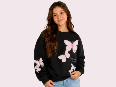 Toptan ROYA KİDS Kelebek Baskılı 3 İp Şardonlu Kız Sweat   - Toptan Çocuk Giyim Beniz Kids