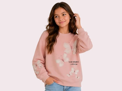 Toptan ROYA KİDS Kelebek Baskılı 3 İp Şardonlu Kız Sweat   PEMBE - Beniz Bebe