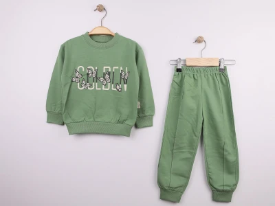 Toptan FEELY KİDS Kelebek Baskılı Kız Takım  Green - Beniz Bebe