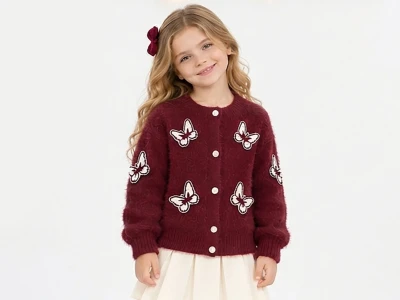 Toptan TOLGA KİDS Kelebek Detay Kız Çocuk Hırka Burgundy - Beniz Bebe