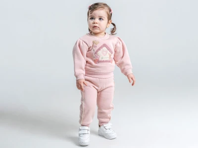 Toptan PAMPAL KİDS Kelebek Nakışlı Dantel Detaylı 3 İp Şardonlu Kız Bebe Takım PEMBE - Beniz Bebe