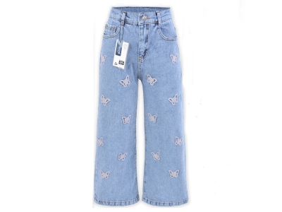 Kelebek Nakışlı Geniş Paça Kız Kot Pantolon