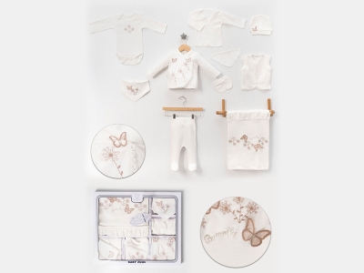 Toptan BABY ZUHU Kelebek Nakışlı Hastane Çıkışı 10lü Set KAHVERENGİ - Beniz Bebe