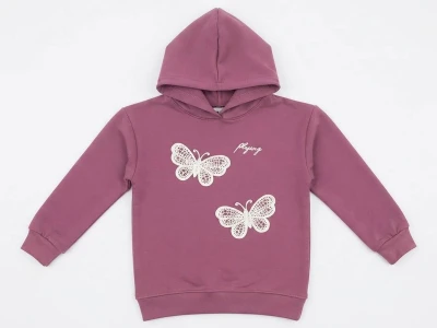 Toptan CMK Kelebek Nakışlı Kapşonlu 3 İp Şardonlu Kız Sweat  - Toptan Çocuk Giyim Beniz Kids