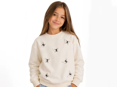 Toptan İ-CAN Kelebek Nakışlı Kız Sweat  - Toptan Çocuk Giyim Beniz Kids