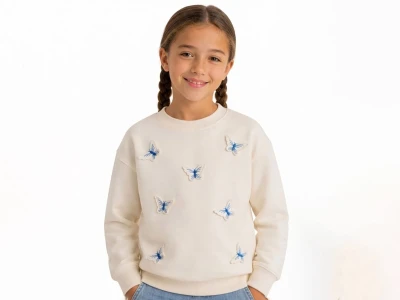 Toptan İ-CAN Kelebek Nakışlı Kız Sweat  MAVİ - Beniz Bebe