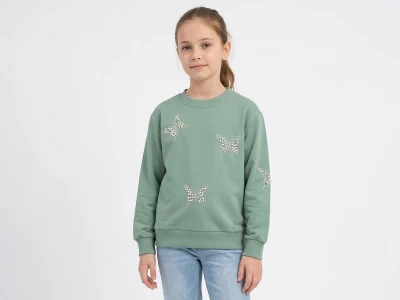 Toptan İ-CAN Kelebek Taş Detaylı Kız Sweat YEŞİL - Beniz Bebe