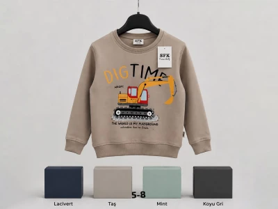 Toptan SFK TEKSTİL (İKRA) Kepçe Baskılı 2 İp Şardonsuz Erkek Sweat - Toptan Çocuk Giyim Beniz Kids