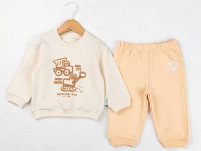 Toptan COMİX Kepçe Baskılı Erkek Bebe Takım  Бежевый - Beniz Bebe